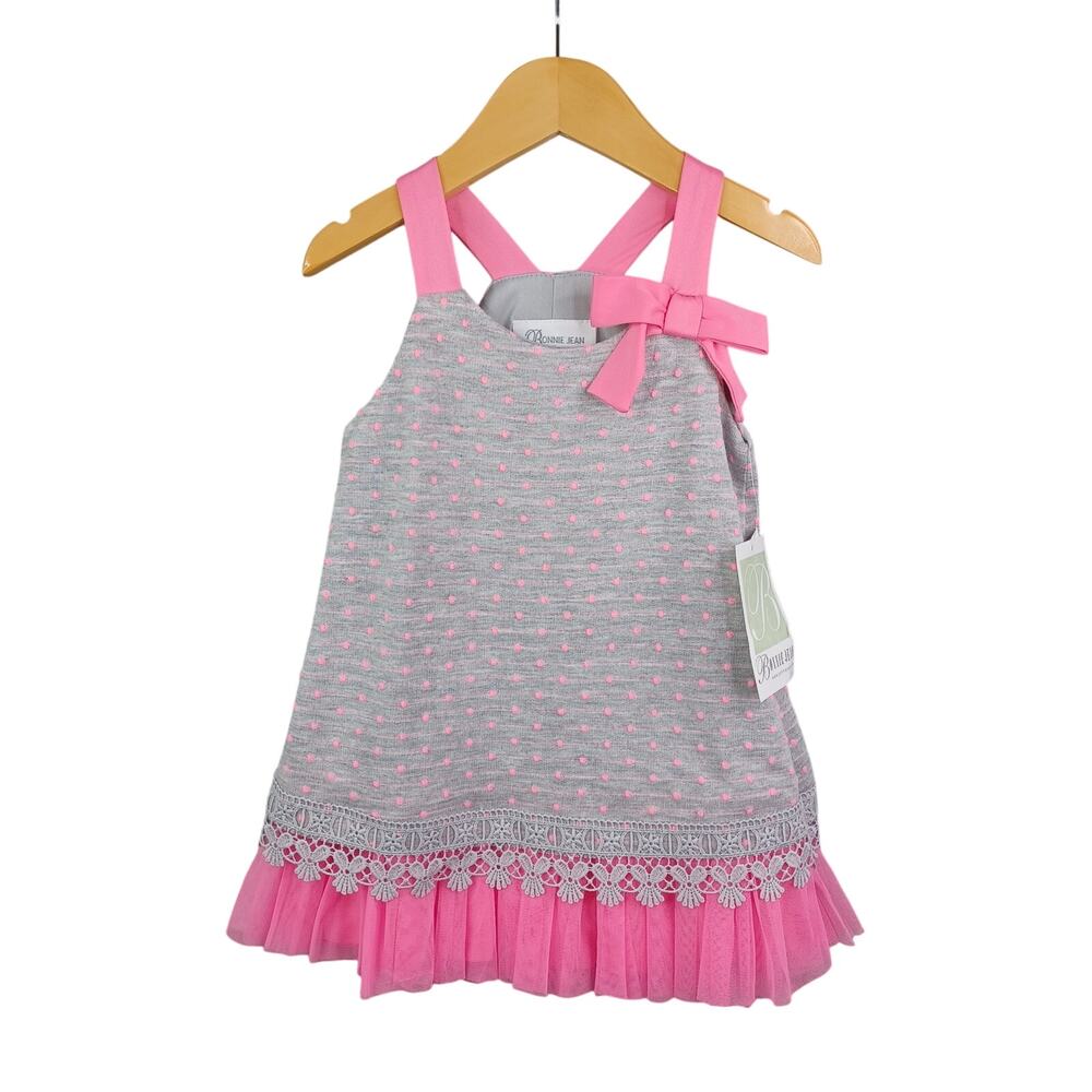Bonnie Jean Girls Polka Dot Bow Float Dress Size 2T Sundress Lace Tulle Hem Pink